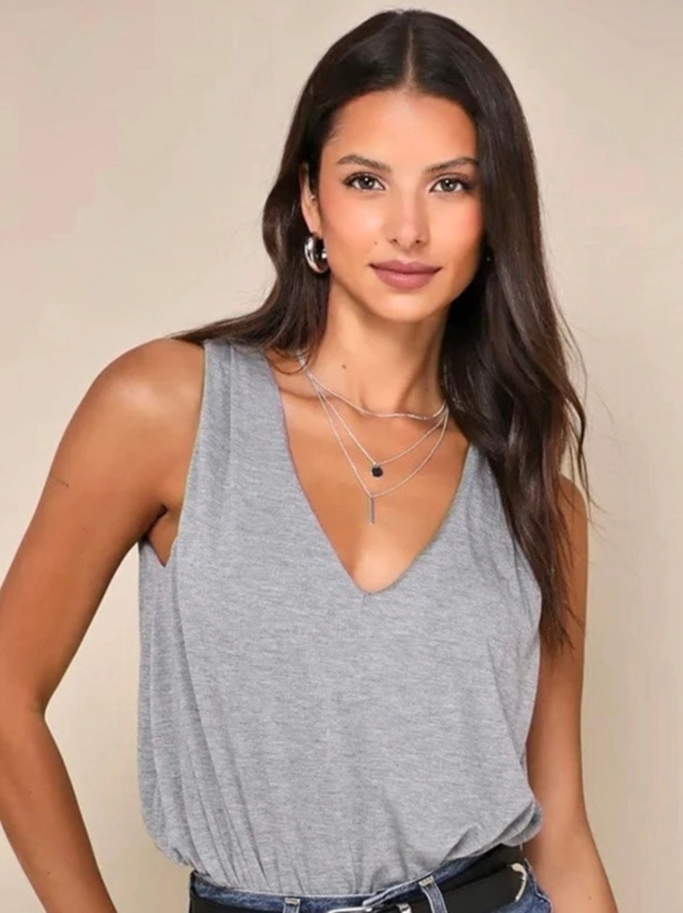 Lulus Chic on Repeat Heather Grey V-Neck Sleeveless Bodysuit